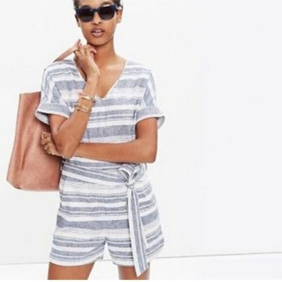 Madewell Striped Chambray Perimeter Romper Linen Blend Size Blue White Large - Picture 1 of 15